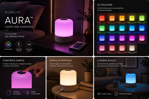 NURÉLYS Aura - 16 couleurs, commande tactile et recharge USB-C