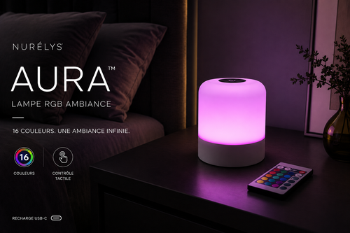 NURÉLYS Aura lampe d'ambiance RGB 16 couleurs dans une chambre moderne